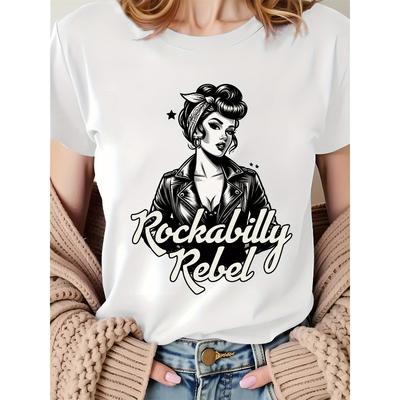 European Size Women'S Retro Rockabilly Graphic T-Shirt - Vintage-Inspired Casual Sporty Tee with Bold "Rockabilly Rebel" Print, Soft Stretch Fabric