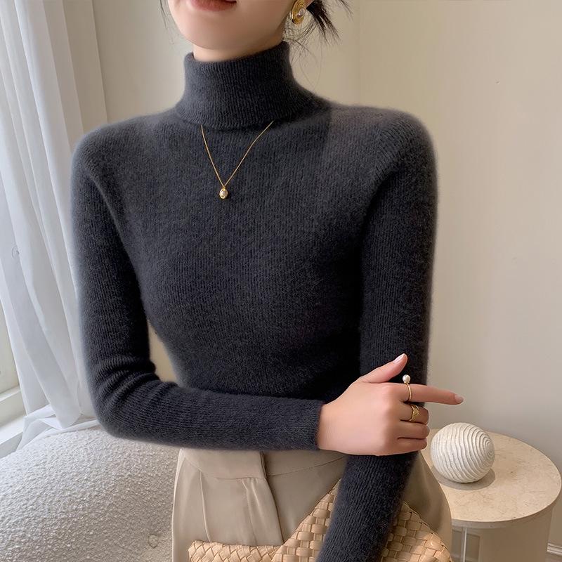 Women's Striped High Neck Wool Sweater - Slim Fit Long Sleeve Knit Base Layer Top