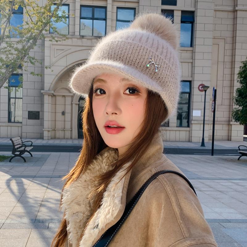 Rabbit Fur Knitted Hat Women'S Winter Velvet Thickened Thermal Ear Protection Hat Big Head Circumference Shows Small Face Cycling Baseball Cap