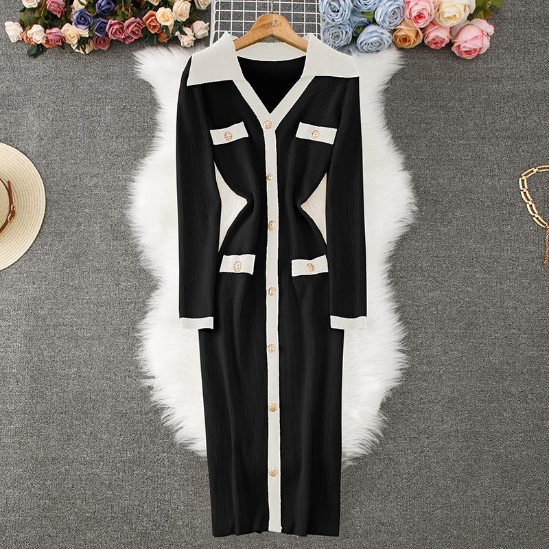 

Осень-зима Женский элегантный поло воротник вязаный свитер офис вечерние облегающие платья-футляры One Size чёрный