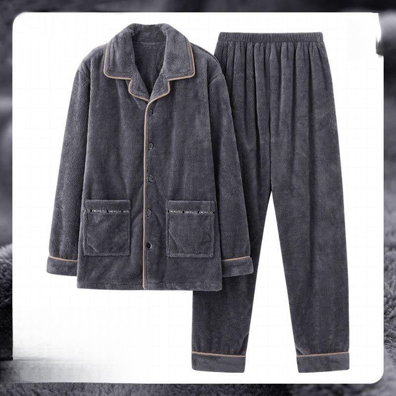 Men's Coral Fleece Velvet Pajamas Set - Thick, Warm, Long-Sleeved Flannel for Autumn and Winter
