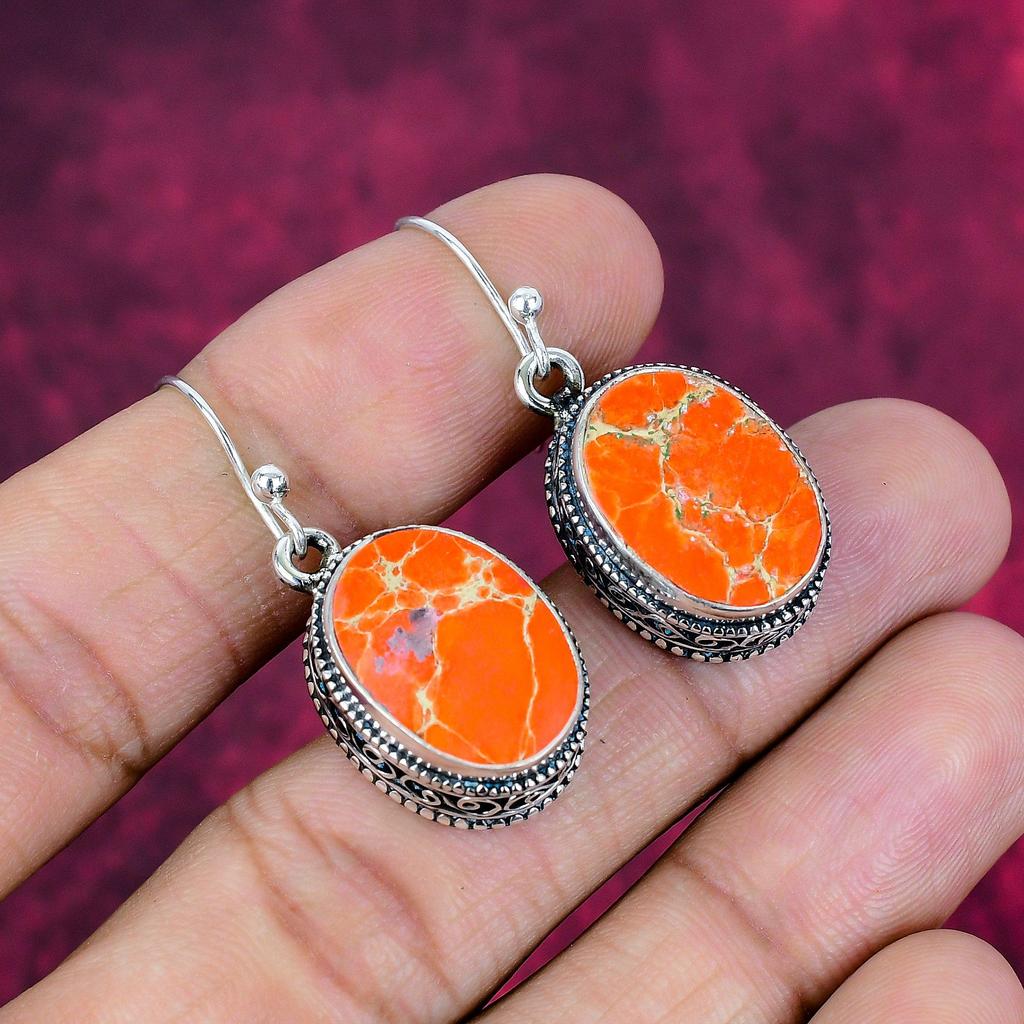 Orange Sea Sediment Earrings, 925 Solid Sterling Silver Gemstone Jewelry, Handmade Earrings, For Mother Day