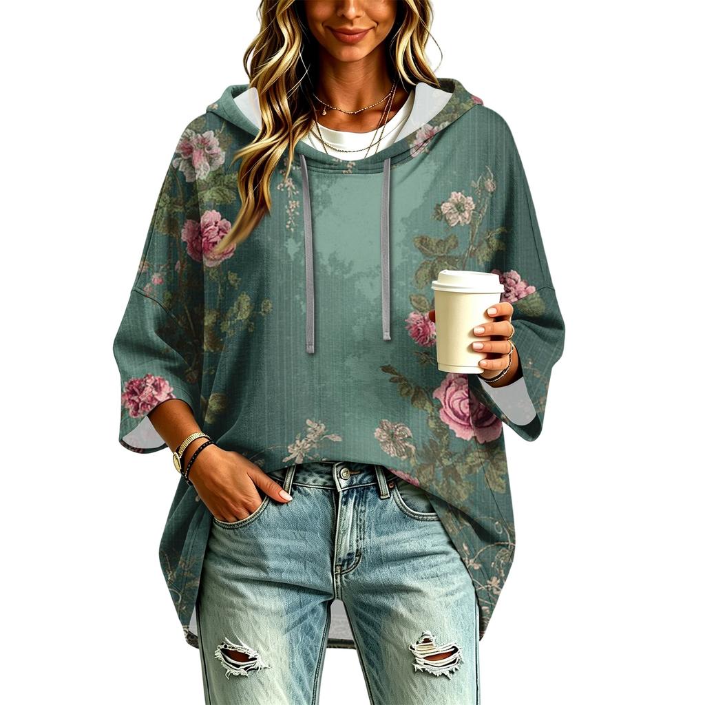 Women's Vintage Floral Print Hooded Pullover -Quarter Sleeve Blouse for Casual Wear