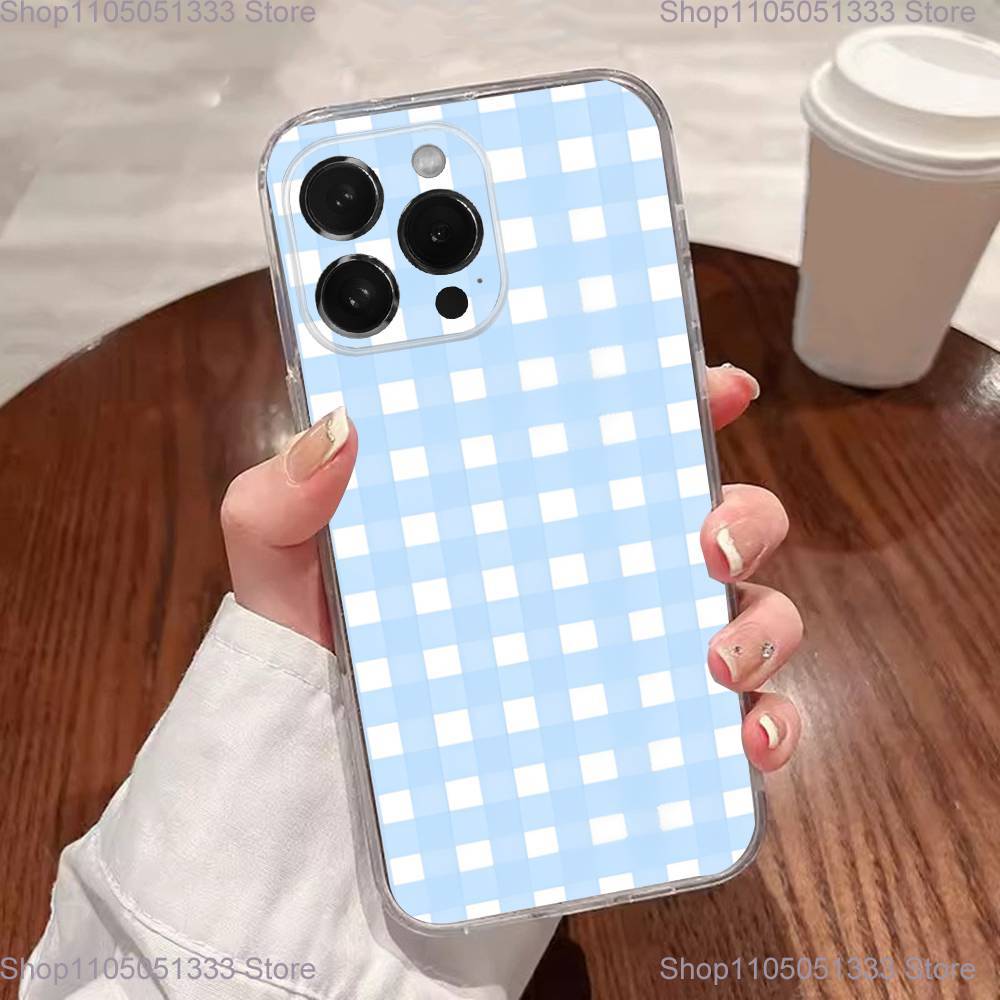 Ins Korean Blue Striped Grid Phone Case For iPhone 17,16,15,14,13,12,11 Plus,Pro,Max,XR,XS,Plus,E,SE4,Mini Transparent Cover