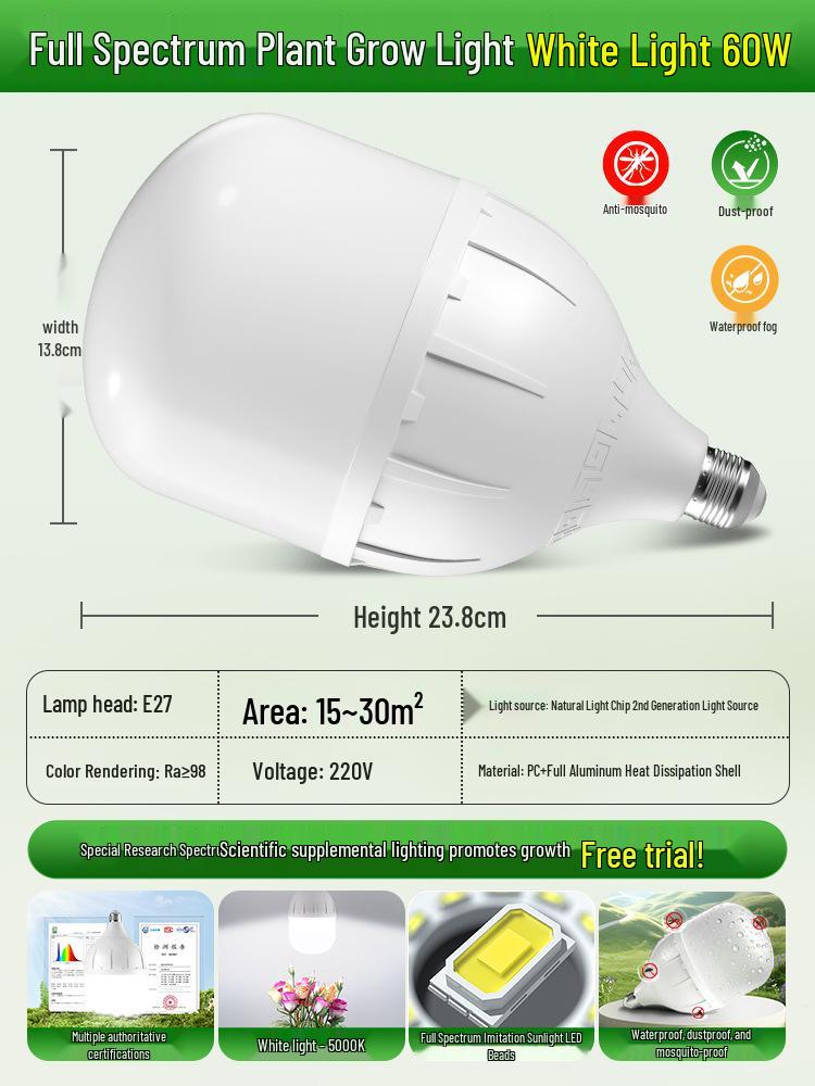 Full Spectrum LED Grow Light Bulb for Indoor Plants, E27 Base, Sunlight Imitation.