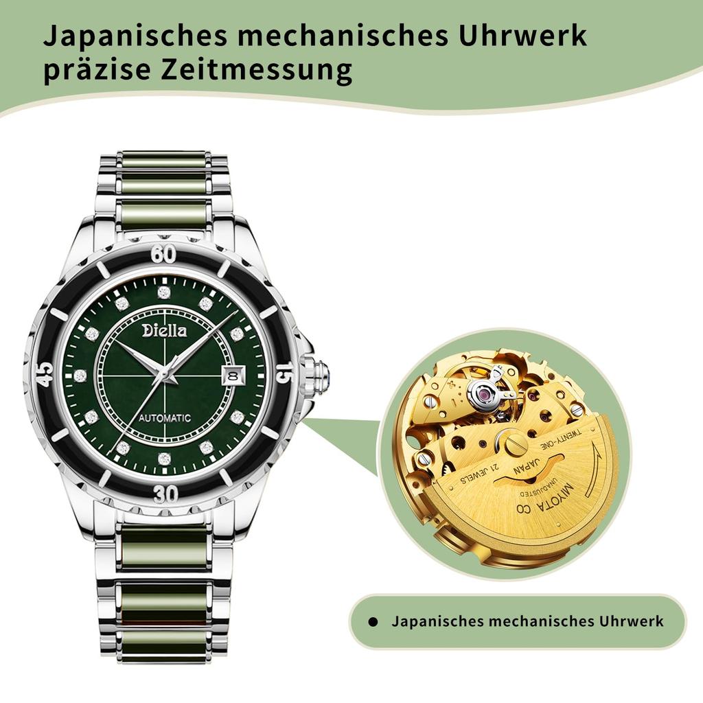 Diella Men's Mechanical Watch with Jadeite Cut, Unique Texture, Date Display, Luminous Hands and Markers, and 5 ATM Water Resistance (AD6020-SI)
