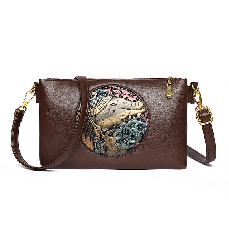 

Women s Black Leather Crossbody Bag with Embossed Elephant Pattern, Vintage Shoulder Handbag коричневий