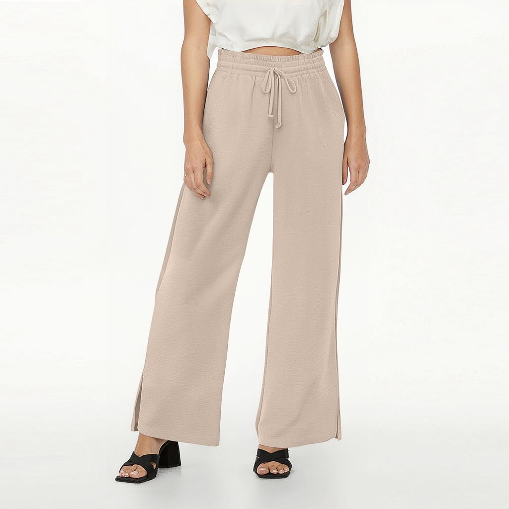 Women's Fashion Loose Wide Leg Pants Slits At The Cuffs Elastic Waist Drawstring Pockets Casual Pants