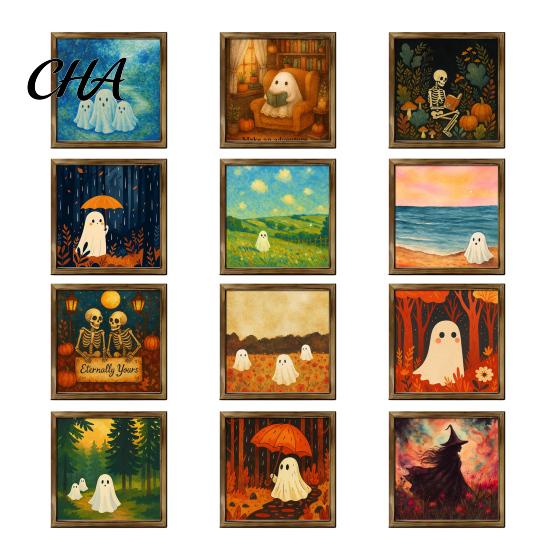 Spooky Fireplace Shelf Accents Halloween Ghost/Witch/Skeleton Decorative Painting, Wall Mount Square Wood Frame Wooden Decor Picture for Home Tabletop