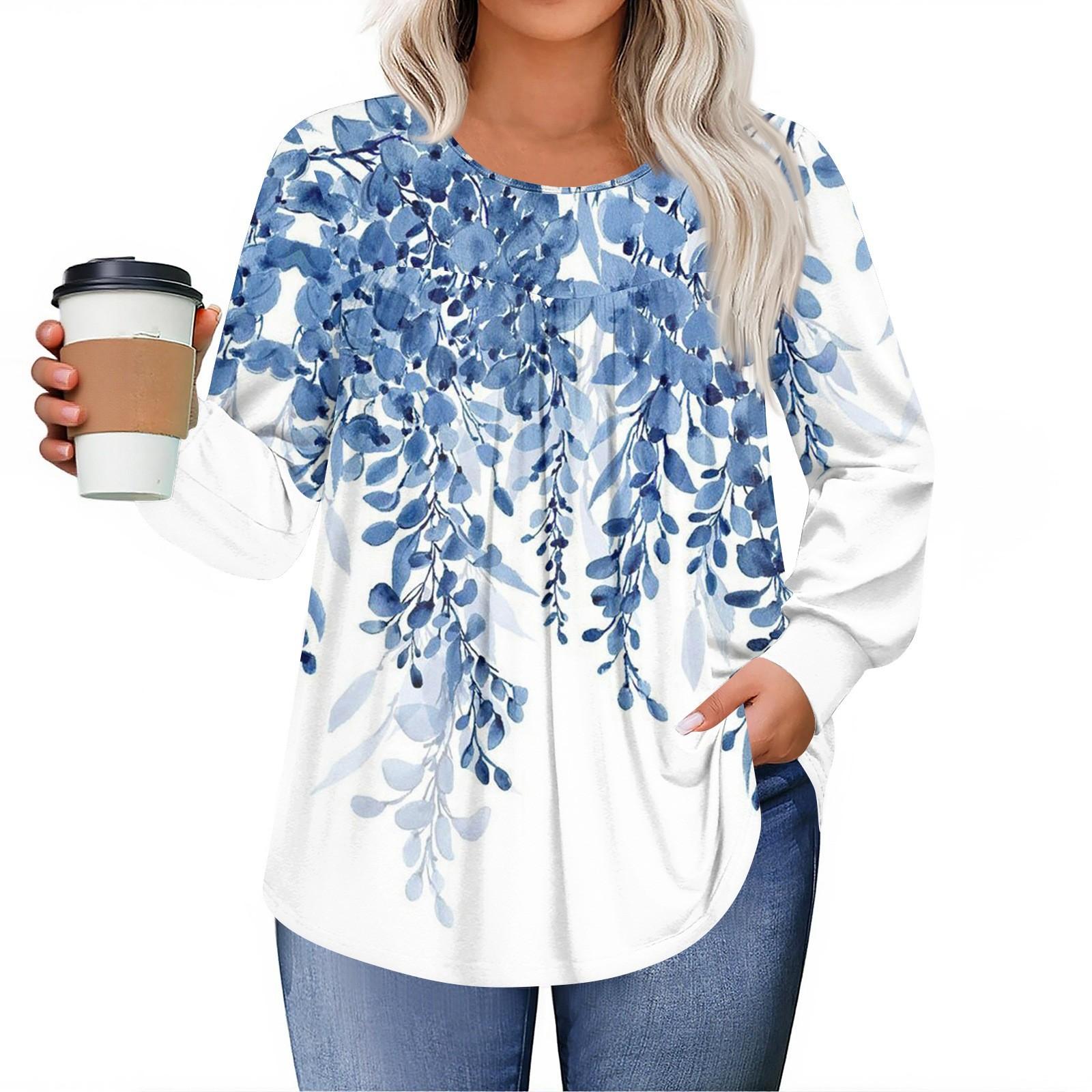 

Womens Plus Size Tops Long Sleeve Shirts Round Neck Flowy Tunic Casual Loose Blouse L-5 XXXXXL