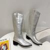 Fashion 2025 New Women's Boots Gold/silver Leather Thick Heel V Mouth Pointed Toe Knee High Boots Fashion Western Cowboy Knight Boots