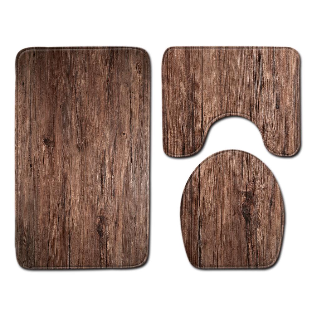 Wood Grain Board Texture Toilet Carpet Set Bathroom Non-Slip Floor Mat Doormat