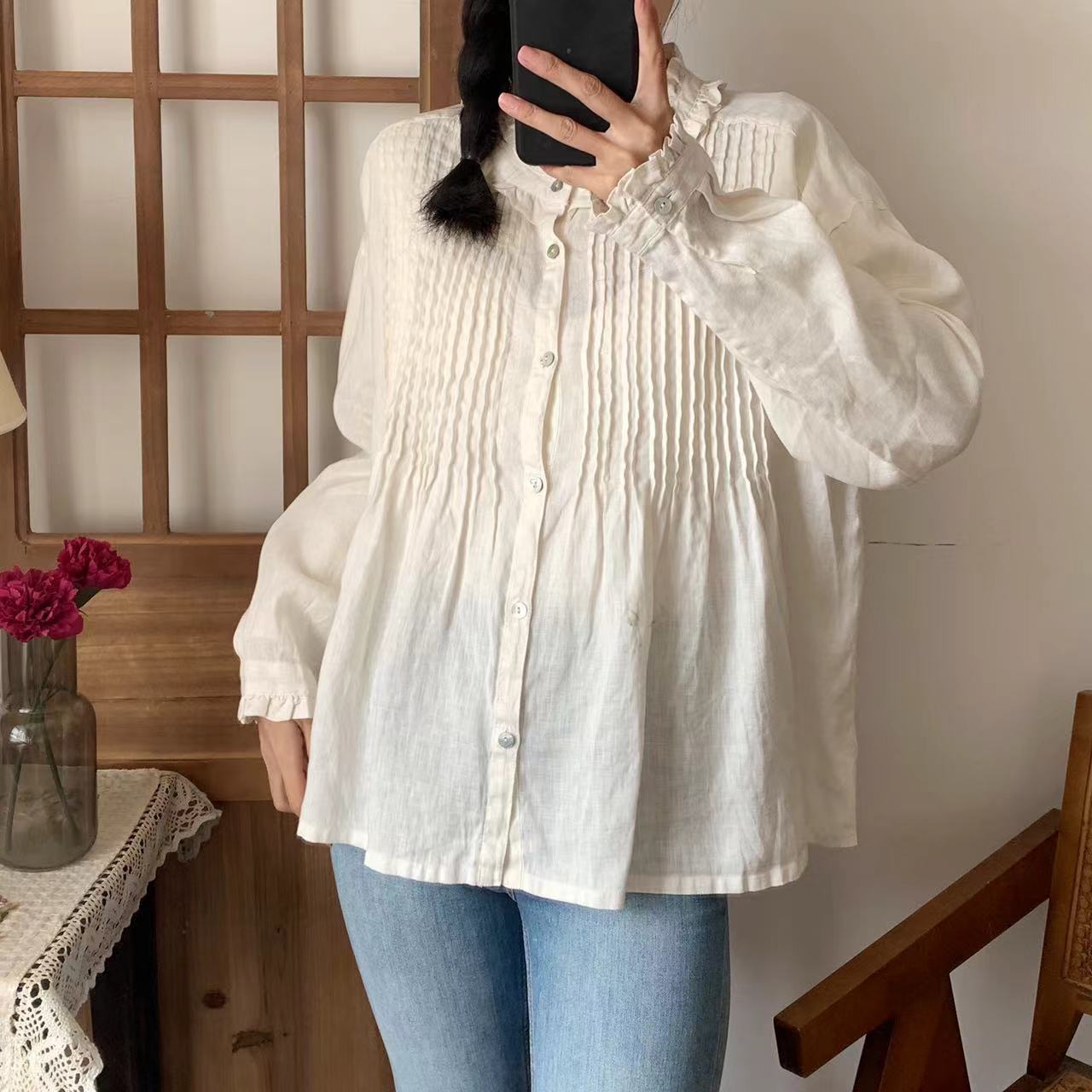 

Летние рубашки Johnature с оборками и воротником, свободные, однотонные, плиссированные, повседневные, винтажные, свободные, женские блузки One Size