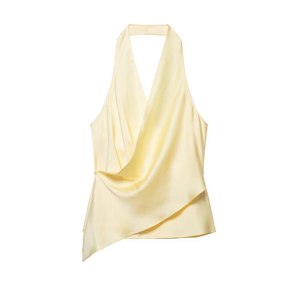 Women's Spring 2026 French Style Silk Satin Asymmetrical Halter Neck Sleeveless Top