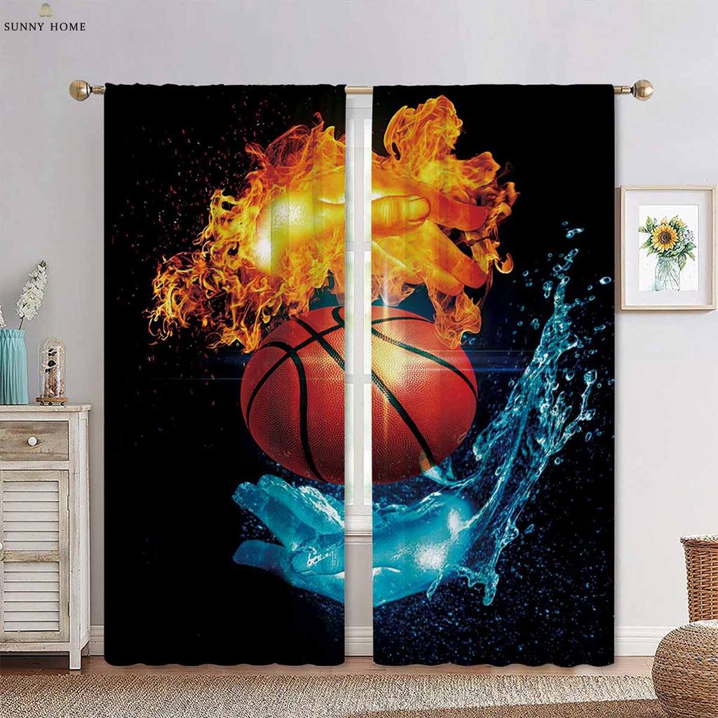 Wasser Feuer Basketball Cool Sport 3D Gedruckter Vorhang Stangentasche Jungen Mädchen Zimmer Wohnzimmer Küche Dekorative Vorhänge 2 Stück