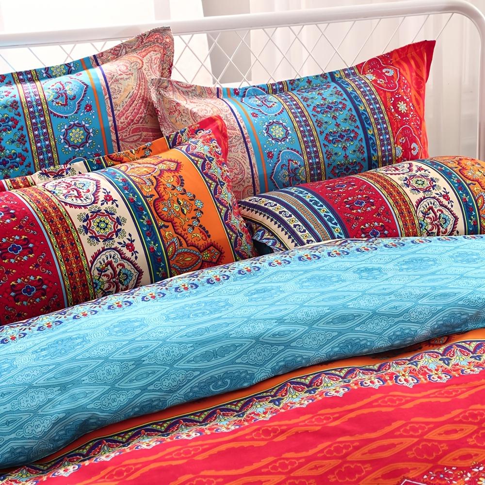 3Pcs Boho Bedding Striped And Floral Bedding Bohemian Exotic Artistic Duvet Cover Set (1Pc* Duvet Cover + 2Pcs Pillowcase