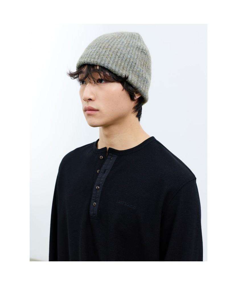 Saendeusaundeu (Unisex) Twisted Waffle Henley Neck Long Sleeve T-Shirt Black