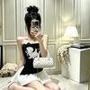 #Summer new pure desire style cartoon printing splicing bow tube top slim fit fixed with chest pad