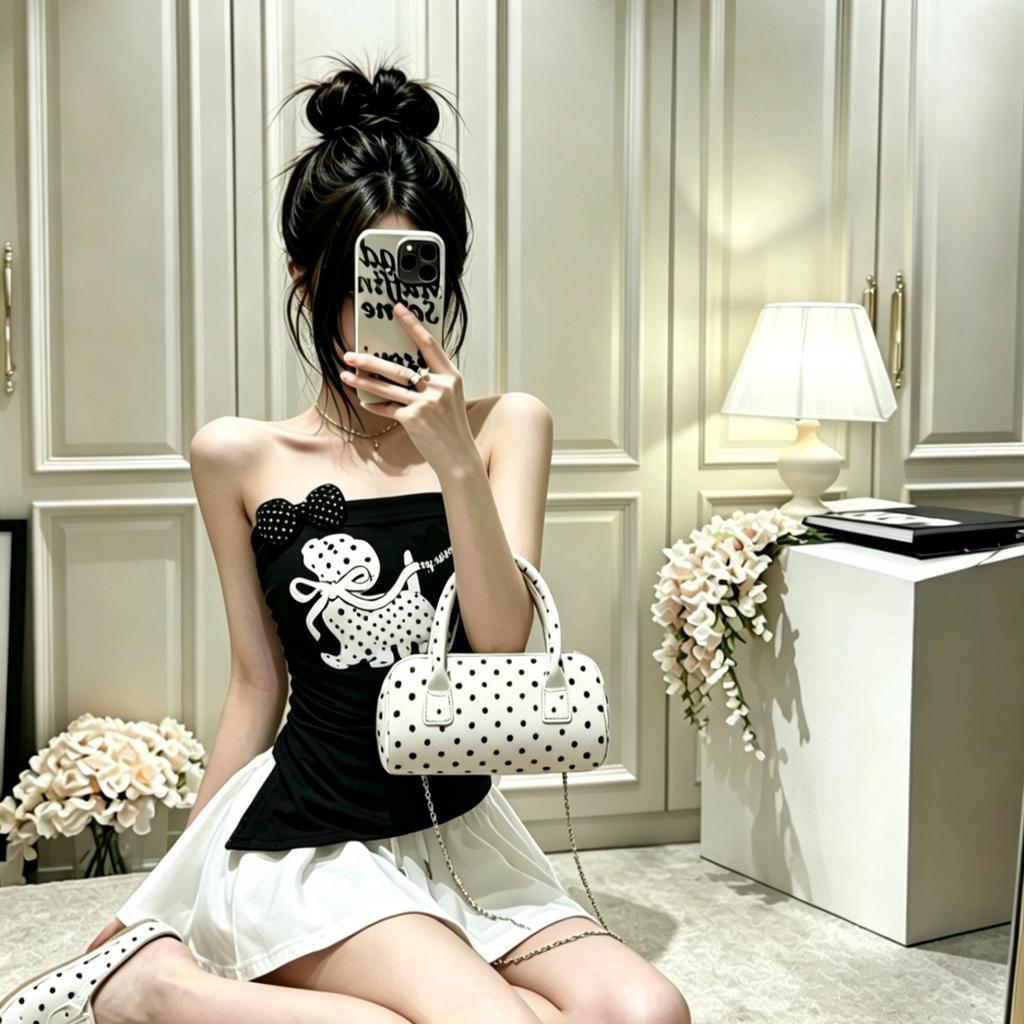 #Summer new pure desire style cartoon printing splicing bow tube top slim fit fixed with chest pad