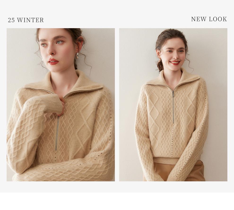 Thick Cable Knit Cashmere Half-Zip Lapel Sweater - Women's Polo Neck Base Layer, Autumn/Winter Korean Style.