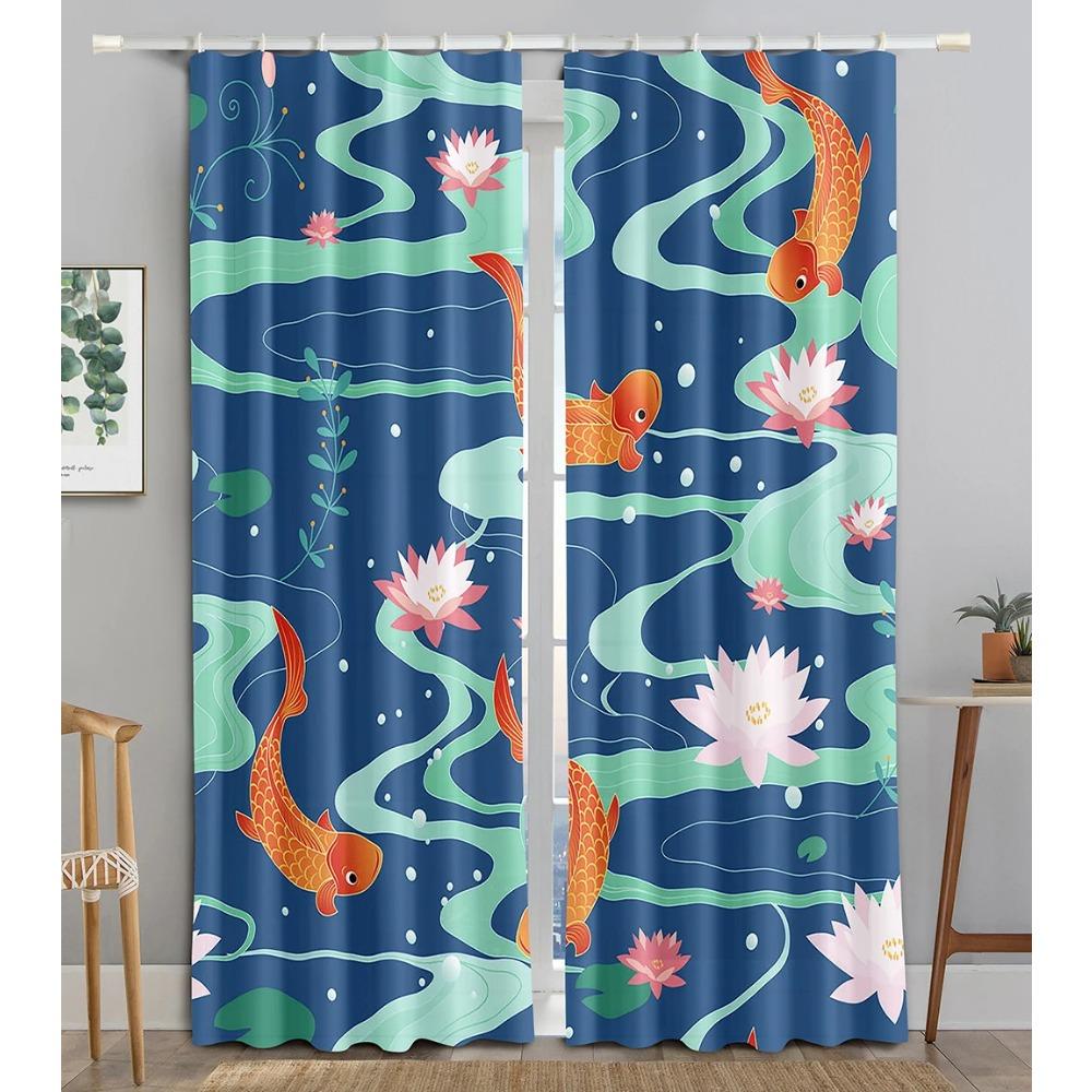 Chinese Tradtional Gold Fish Sea WaveBlackout Window Panel Curtain designed for Living Room Space Bedroom Bathroom Kicthen Door Cupboard Decor Hooks