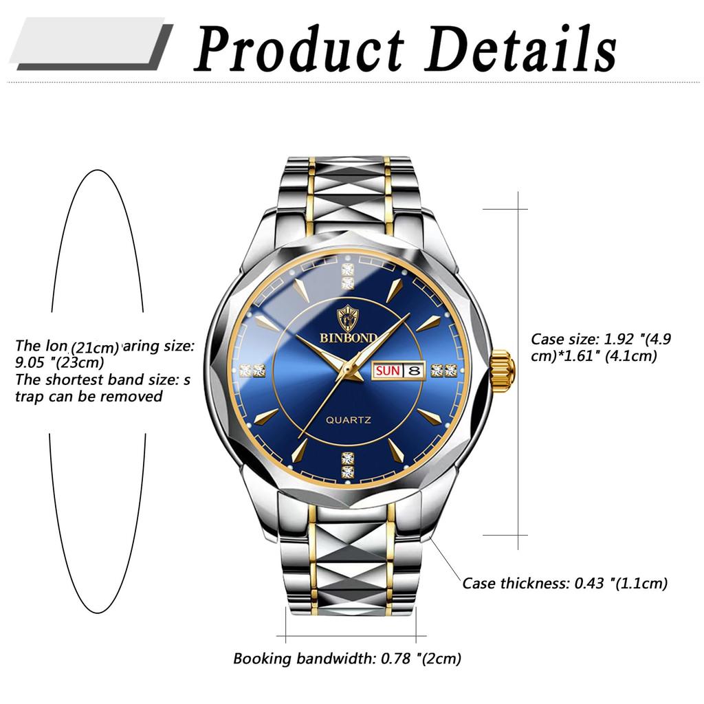 Watch Seiko Analog Copy Watch Men Glowing Date Day of the Week Waterproof Watch Easy To Read Dial Stainless Steel Level Adjustable Blue Men's Quartz