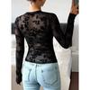 Lente Zomer Nieuw Dames Doorzichtig Sexy Slim Fit Lange Mouw Bedrukt Kant T-shirt