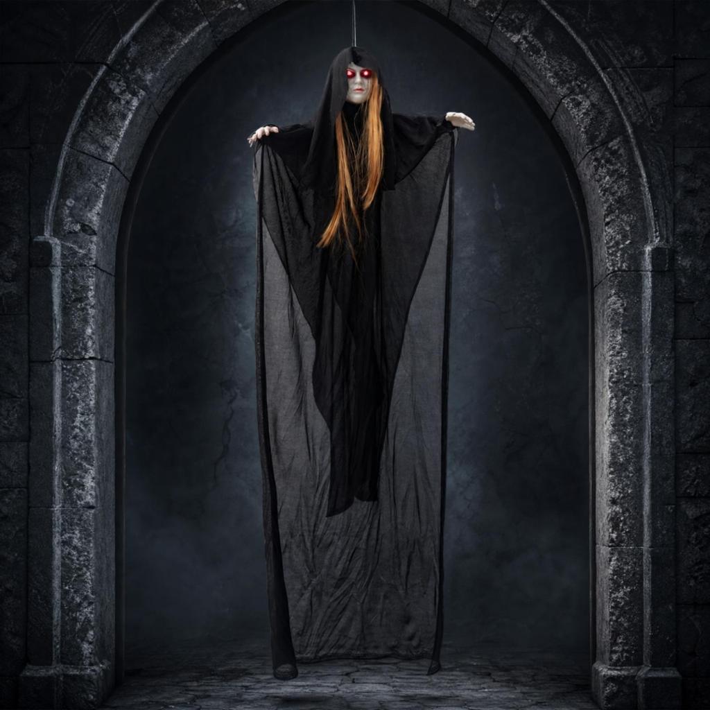 Hanging Ghost with Illuminated Red Eyes Creepy for Entryways