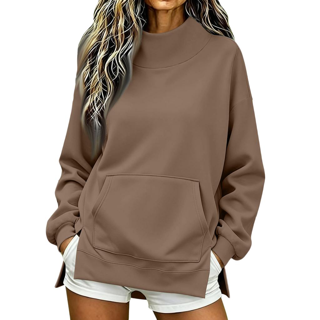 Women's High Neck Side Slit Sweatshirt Lightweight Loose Fit Long Sleeve Pullover for Fall