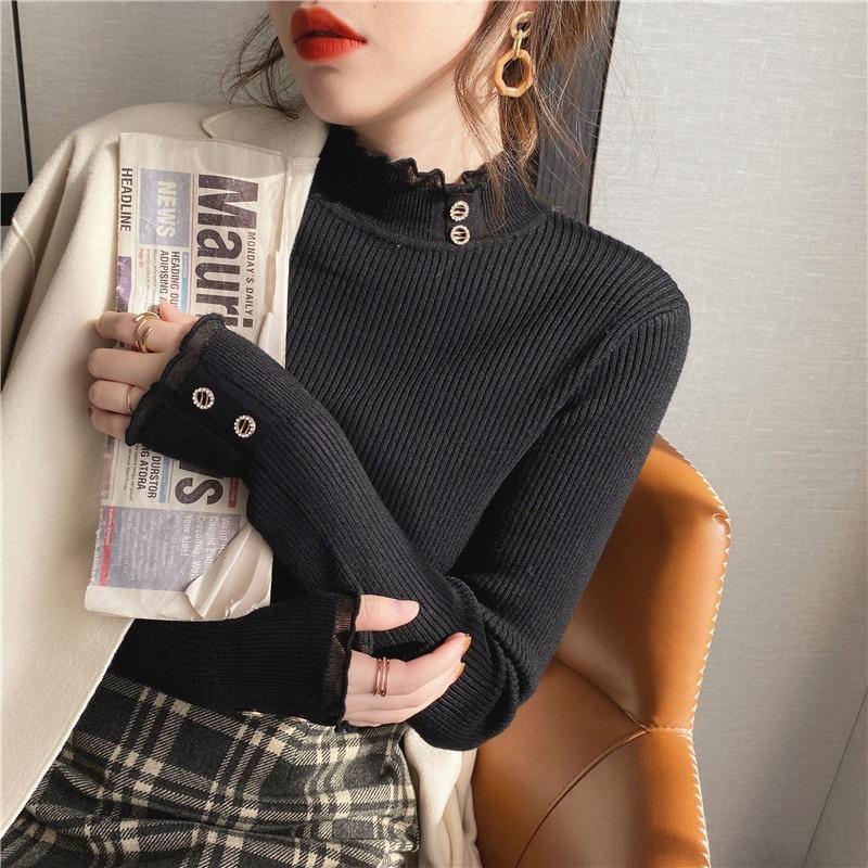 White Knitted Bottoming Shirt Women's Spring Autumn and Winter Fashion Inner Lace Semi-turtleneck Sweater Versatile Slim Top