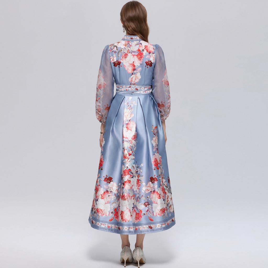 Wunderschönes Blumenwickel-Langarmkleid Damen V-Ausschnitt Laternenärmel Chiffon-Patchwork Dickes Satin-Band-Schnürgürtel Partykleid