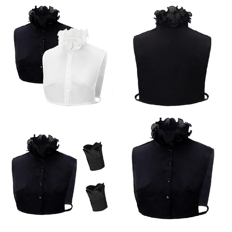 Womens Ruffle Stand False Collar Half Shirt and Fake Wrist Cuffs Sleeves Set Decorative Detachable Layering Accessories
