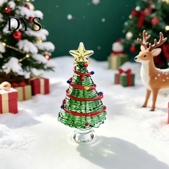 Glass Figurine for Office Glazed Christmas Tree with Star Moon Decor, Rotating Holiday Display Prop Wire Wrapped Desk Mini Tabletop Ornament,