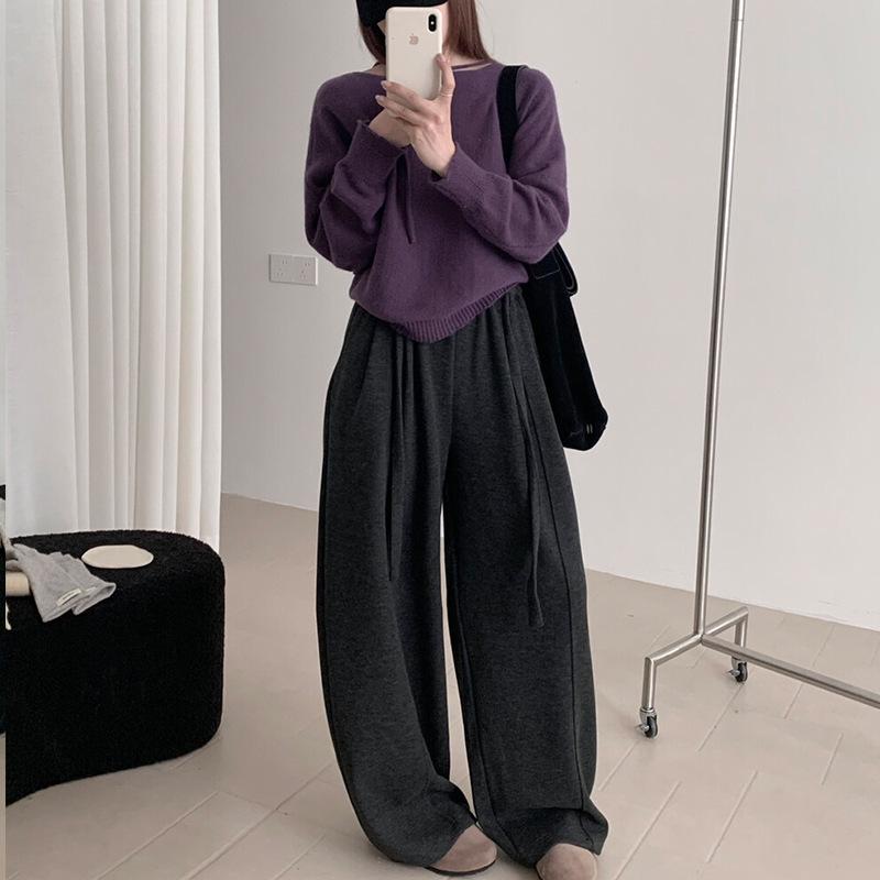 Women's High Waist Wide Leg Pants Loose Sweatpants Streetwear Vintage Curved Pants Fleece Lined Drawstring Composite Craft Fall Warm Casual Trousers