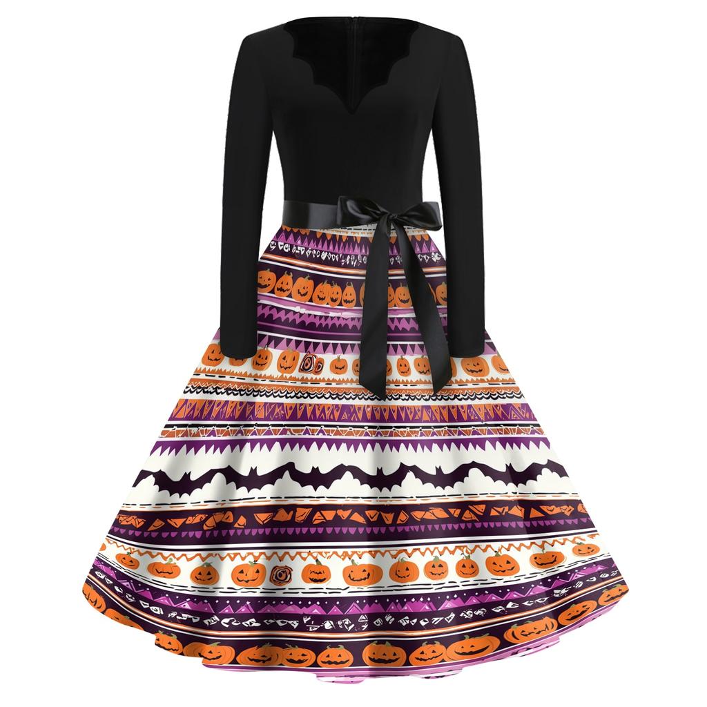 Women Casual Vintage V Neck Dress Halloween Printed Long Sleeve Fit Flare Midi Dress with Waist Tie for Seasonal Wear