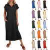 Vestido Midi Casual de Verão Feminino Manga Curta Decote V Caimento Solto Barra Dividida Resort de Praia Vestido Camiseta Maxi