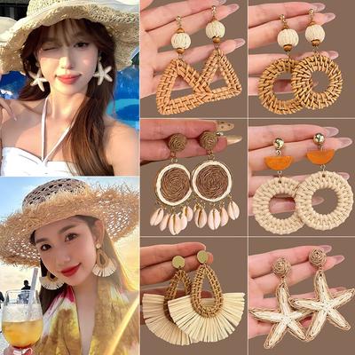 Bohemian Retro Woven Earrings Seaside Vacation Stud Earrings Niche High-end Exaggerated Earrings