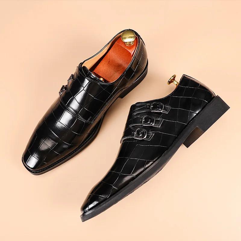 Men'S Casual Business Leather Shoes Men Classic Retro Monk Shoe Dress Office Mens Slip-On Outdoor Wedding Party Flats New