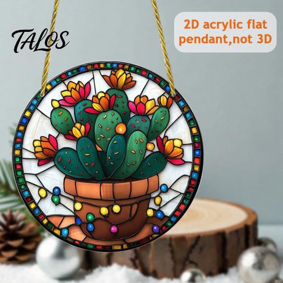 Stained Glass Style Holiday Decor Christmas Hanging Pendant, Acrylic Santa Claus Plants Ornaments with Lanyard Decorative for Xmas Tree Decoration,