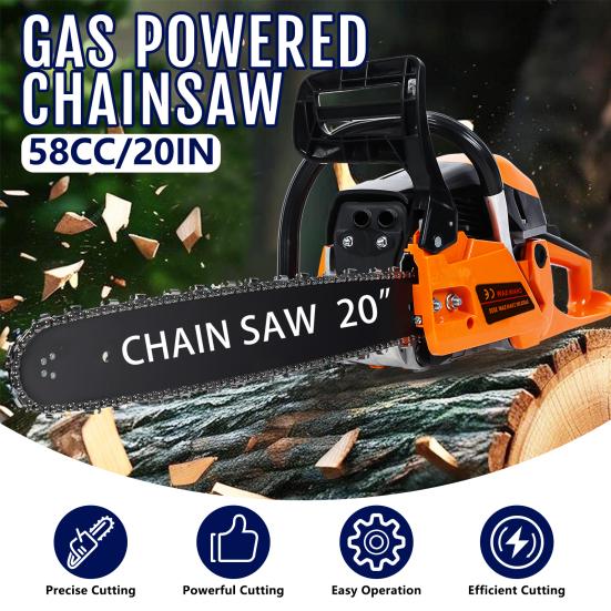 20 Inch Gas Chainsaw, 58CC 2-Stroke Gas Powered Chainsaw, Handheld Cordless Chainsaw, High-Power Logging Saw for Wood Cutting and Tree