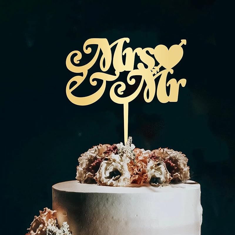 Mrs & Mr Birthday Cake Topper Monogram Acrylic Cupcake Topper Picks Wedding Birthday Cake Bunting Decor Personalized Mirror Gold Cake Accessories for
