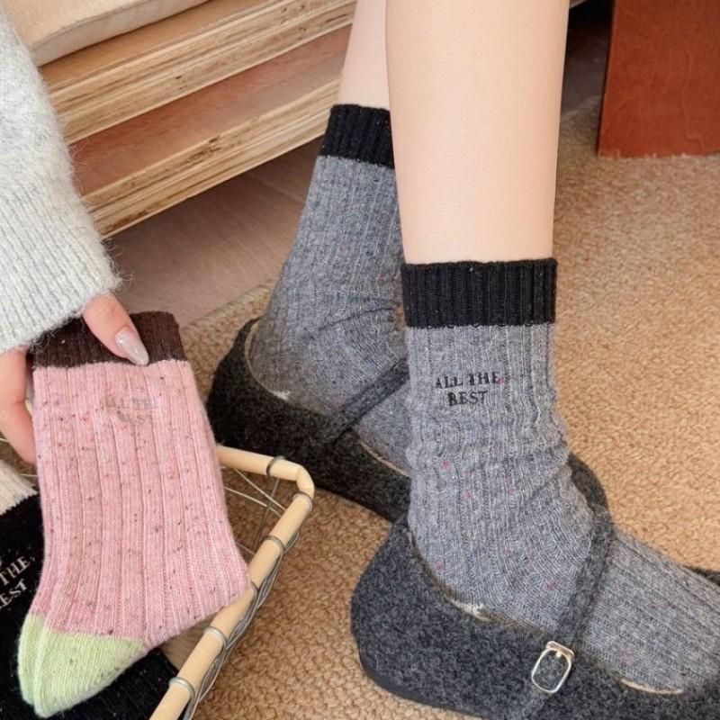 Korean Style Colorblock Thick Wool Blend Socks Women Warm Seamless Mid-Calf Crew Winter