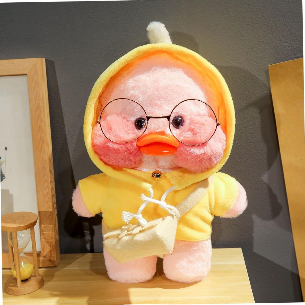 30cm Charming Cafe Pink Duck Stuffed Plush Animals Toy Wear Goggles and Hoodie Soft Doll Girl Birthday Creative Gift for Girls