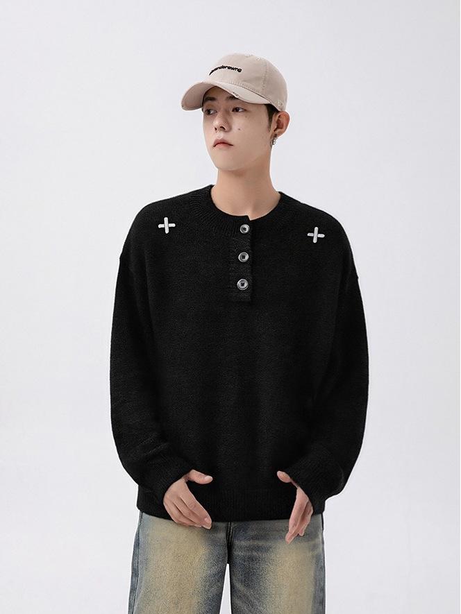 Men's Autumn/Winter Henry Collar Embroidered Sweater - Classic, Loose Knitwear with a High-End Feel