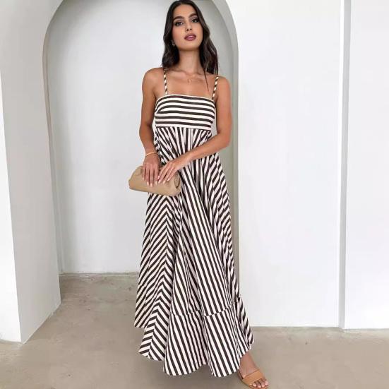 Striped Sleeveless Maxi Dress for Women Spaghetti Strap Smocked Swing Long Dress Summer Vacation Cami