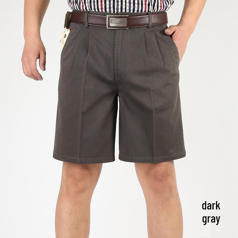 Men's Summer High-Waist Pure Cotton Loose Shorts - Double Pleated, Mid-Length Casual Wear for Middle-Aged and Elderly.