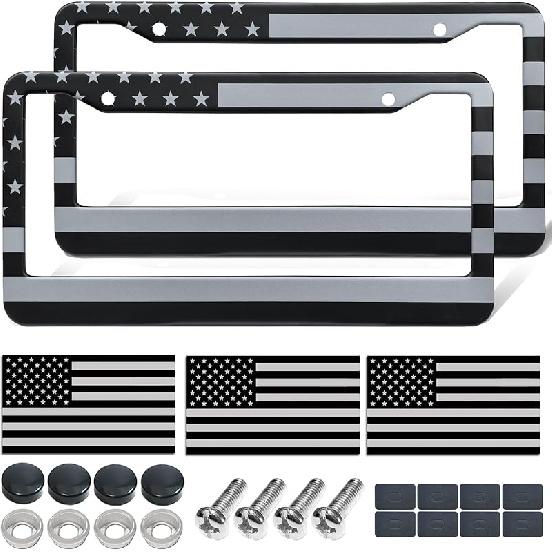 American Flag License Plate Frames - 2 Pack Black Stainless Steel Front Rear Car Tag Frames Printed With Patriotic USA Flag Pattern, With Decals