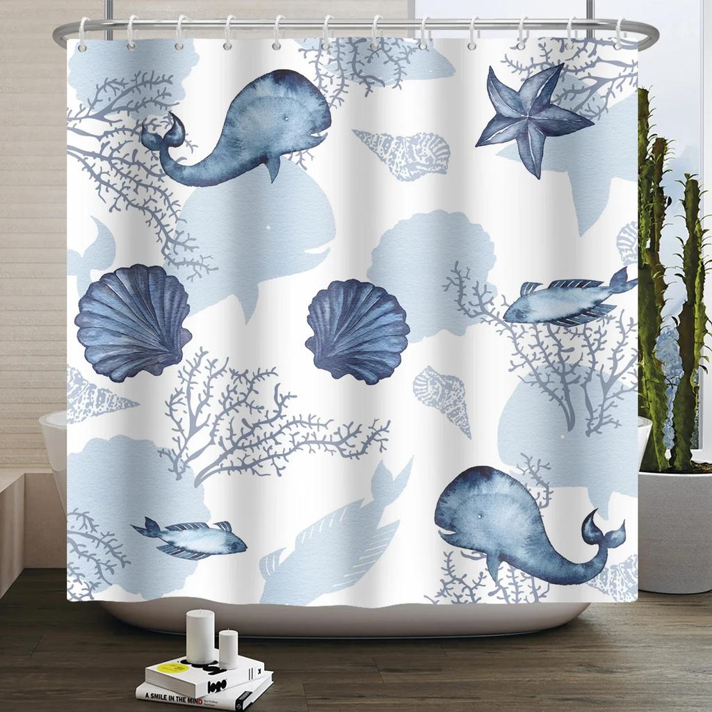 Nautical Coastal Shower Curtain Starfish Coral Seashell Beach Ocean Bathroom Curtain Underwater Marine Waterproof Bath Curtain
