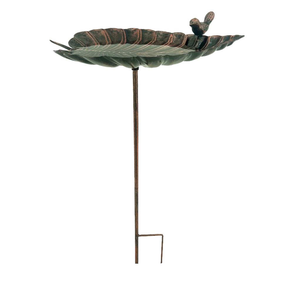 Outdoor Bird Bath Cast Iron Leaf-Shaped Water Bowl Balcony Garden Decoration Metal Bird Statue E5W6