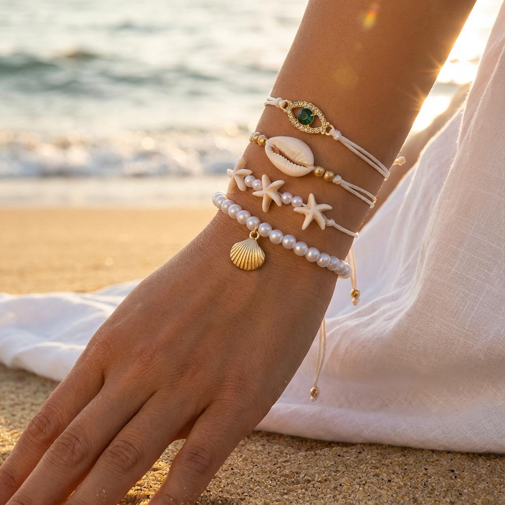 5Pcs Bohemian Shell Pearl Bracelets Set for Women Fashion Gold Color Evil Eye Charm Multilayer Bangles Summer Beach Jewelry Gift